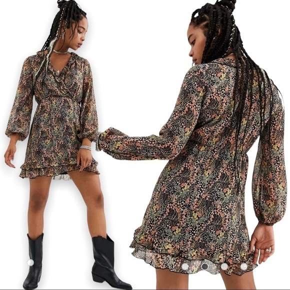 Top Shop Fall Floral Print Ruffle Accent Fit and Flare Dress sz 4 - Picture 2 of 14